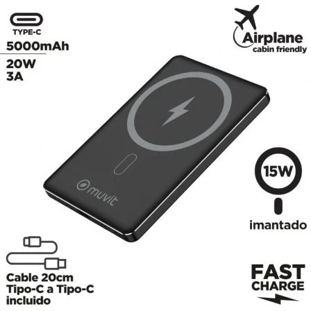 Muvit Powerbank 5000mAh 20W Carga Inalámbrica Negro con Cable USB-C